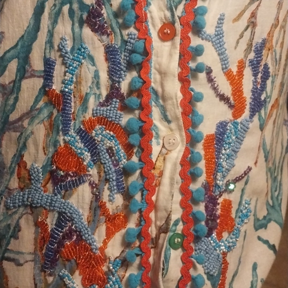 Antica Sartoria Giacomo Cinque Blue White Stripe Pink Floral Beaded Tropical - Picture 7 of 8